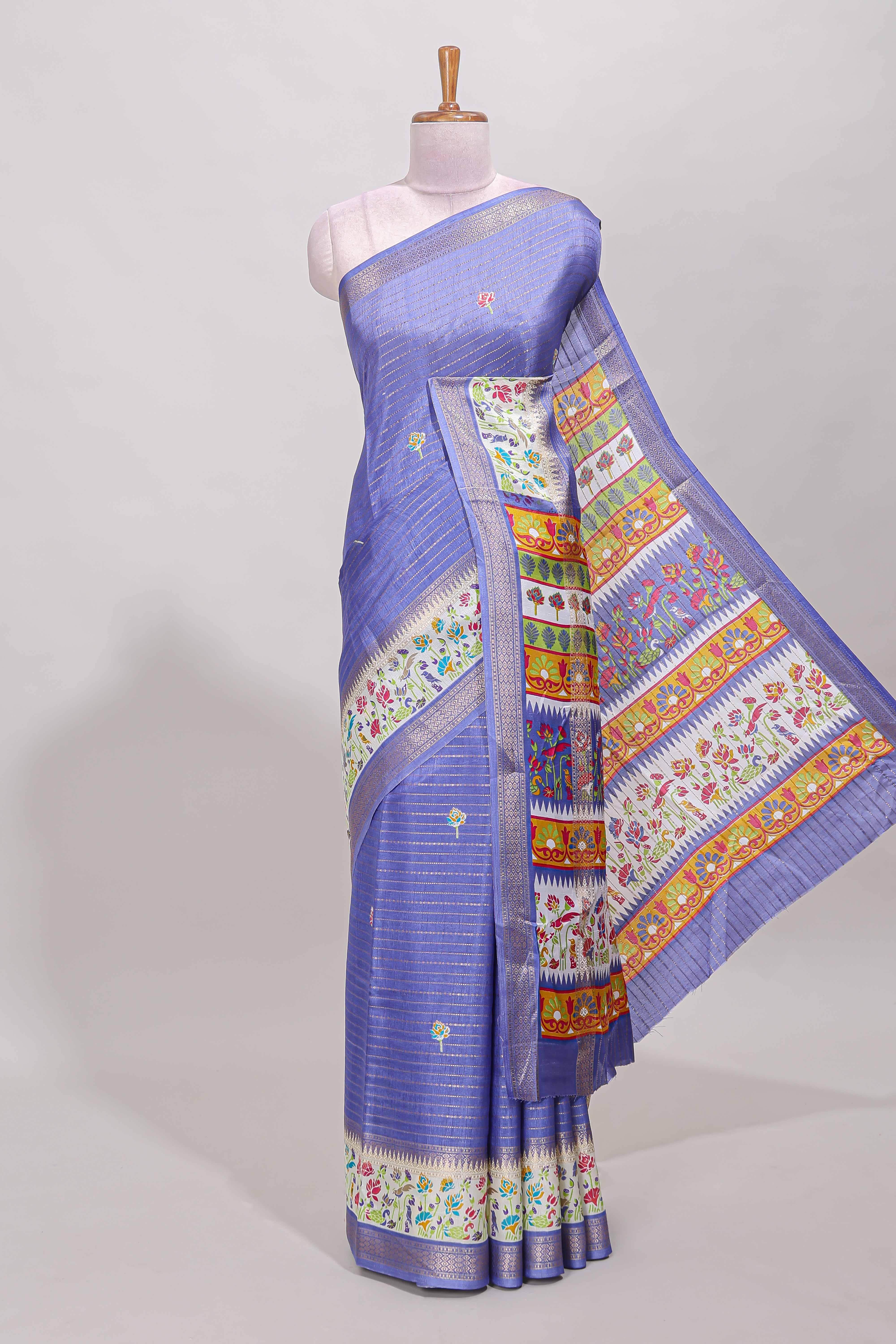Lavender dola silk saree with striped floral motifs and bird & floral bottom design with self zari border and matching blouse