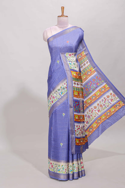 Lavender dola silk saree with striped floral motifs and bird & floral bottom design with self zari border and matching blouse