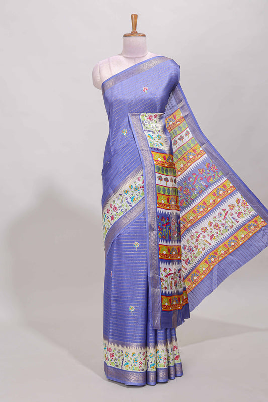 Lavender dola silk saree with striped floral motifs and bird & floral bottom design with self zari border and matching blouse