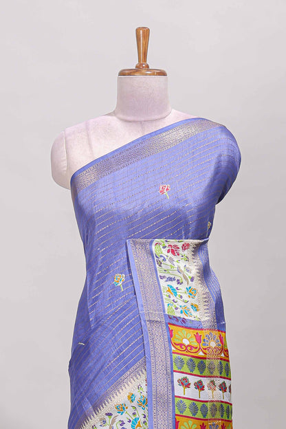 Lavender dola silk saree with striped floral motifs and bird & floral bottom design with self zari border and matching blouse