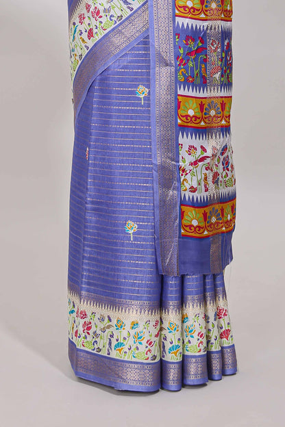 Lavender dola silk saree with striped floral motifs and bird & floral bottom design with self zari border and matching blouse