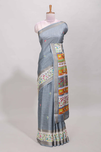 Grey dola silk saree with striped floral motifs and bird & floral bottom design with self zari border and matching blouse