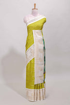 Green zari striped dola silk saree with contrast zari border and printed pallu
