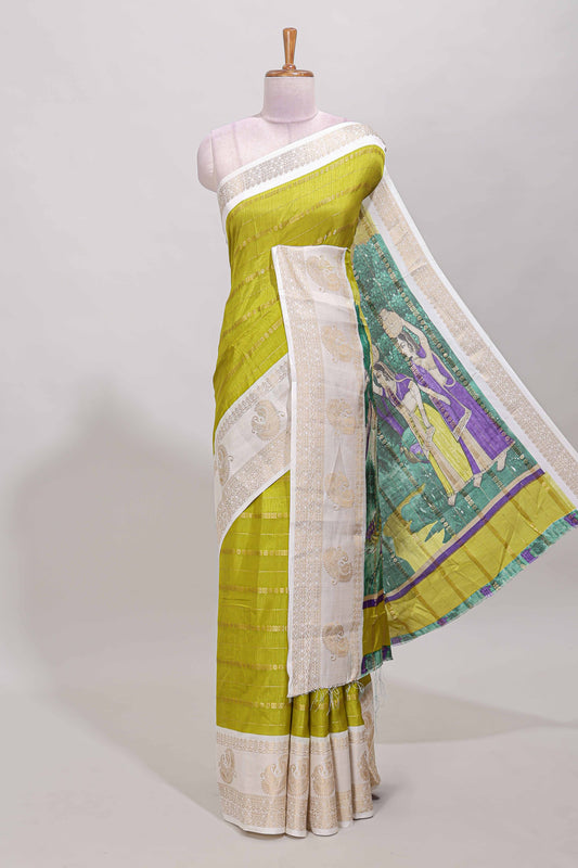 Green zari striped dola silk saree with contrast zari border and printed pallu