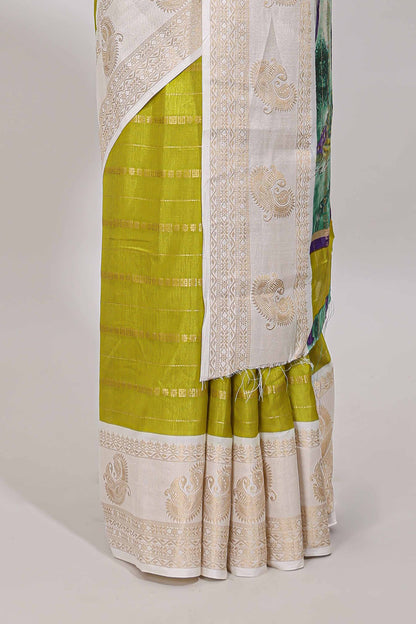 Green zari striped dola silk saree with contrast zari border and printed pallu