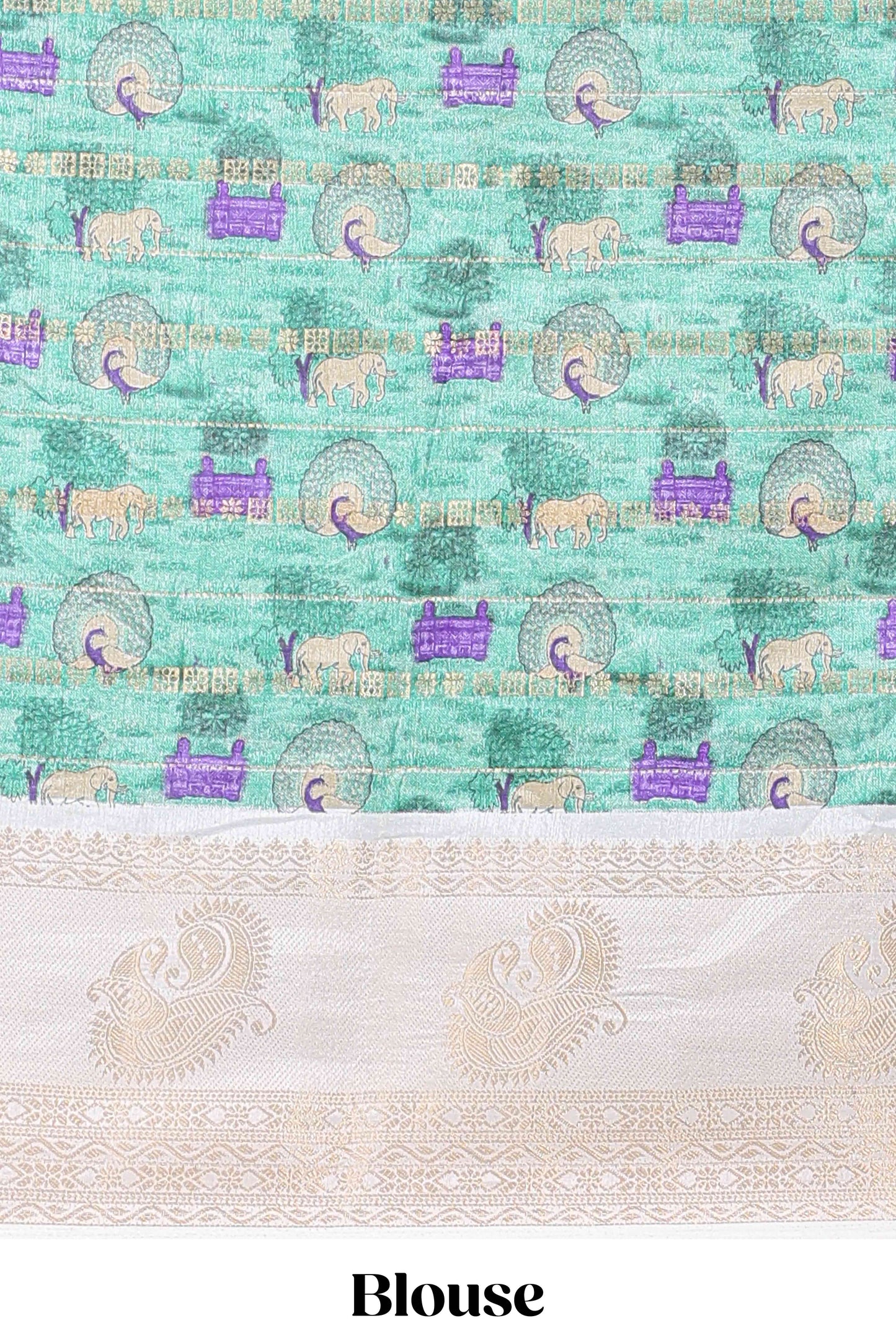 Green zari striped dola silk saree with contrast zari border and printed pallu