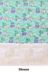 Green zari striped dola silk saree with contrast zari border and printed pallu