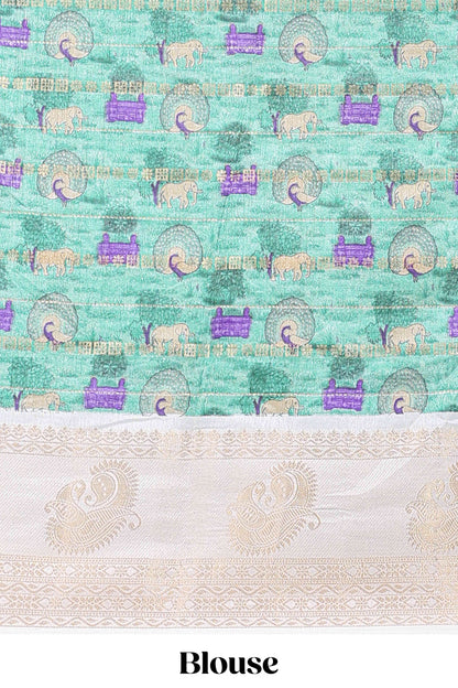 Green zari striped dola silk saree with contrast zari border and printed pallu