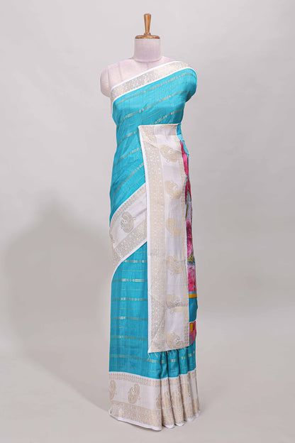 Blue zari striped dola silk saree with contrast zari border and printed pallu