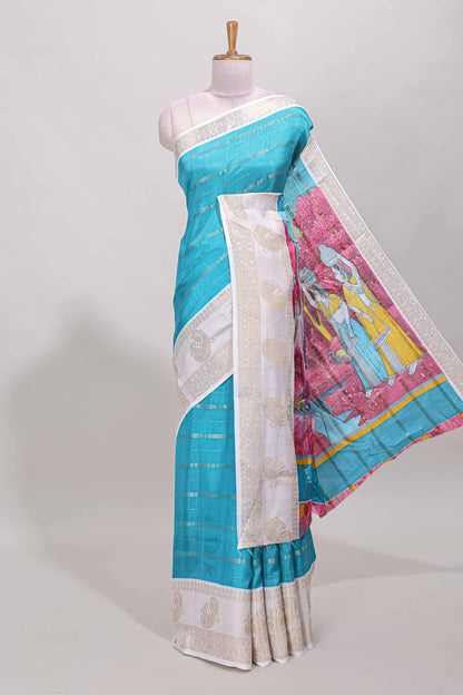 Blue zari striped dola silk saree with contrast zari border and printed pallu