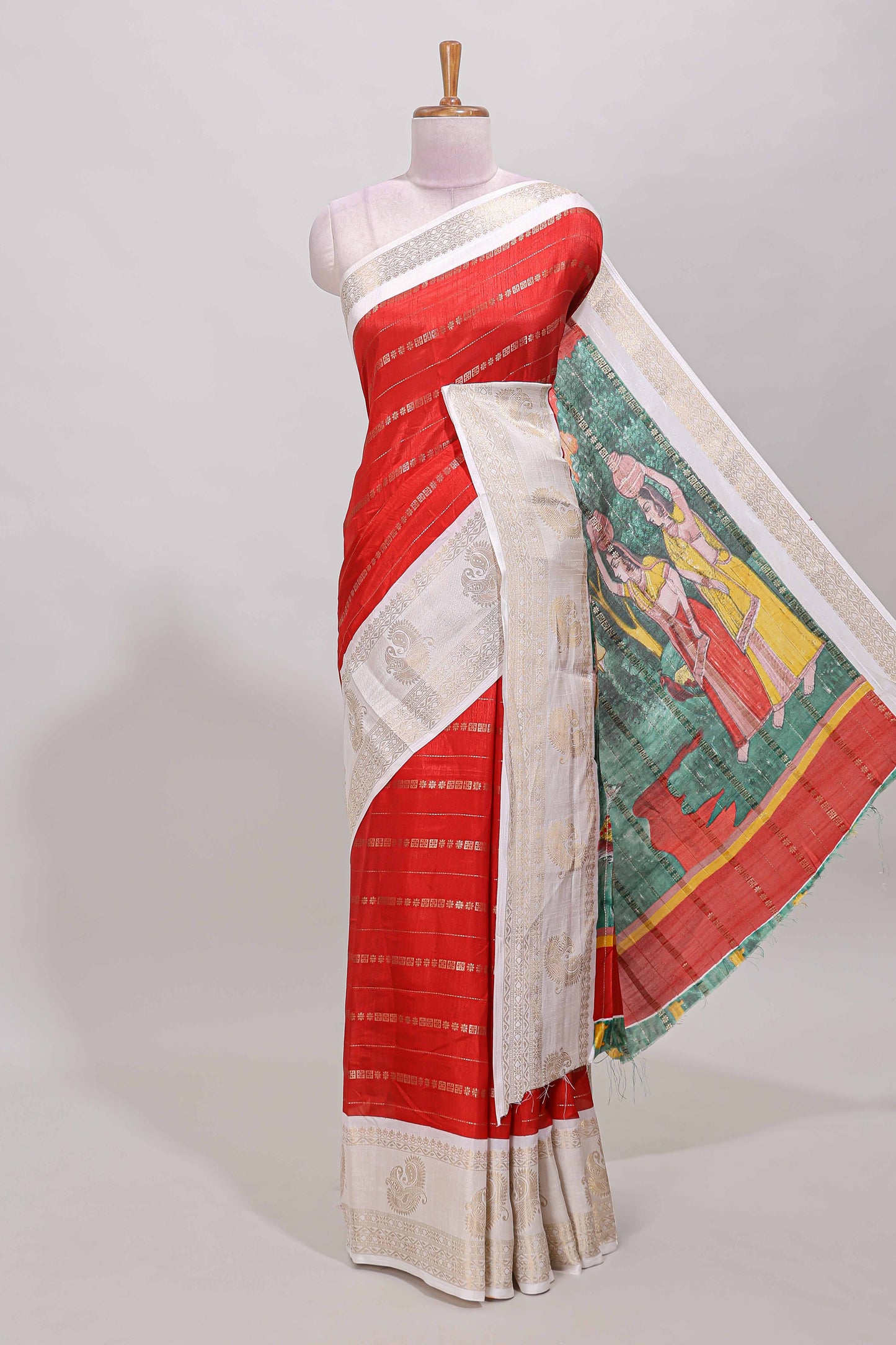Red zari striped dola silk saree with contrast zari border and printed pallu