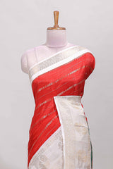 Red zari striped dola silk saree with contrast zari border and printed pallu