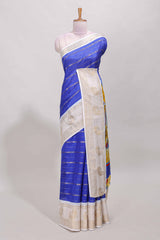 Royal blue zari striped dola silk saree with contrast zari border and printed pallu