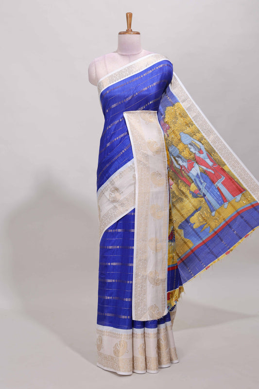 Royal blue zari striped dola silk saree with contrast zari border and printed pallu