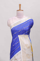Royal blue zari striped dola silk saree with contrast zari border and printed pallu