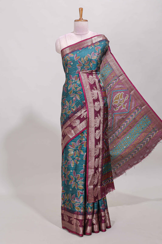 Green zari striped floral design dola silk saree with contrast zari border and printed blouse