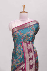 Green zari striped floral design dola silk saree with contrast zari border and printed blouse