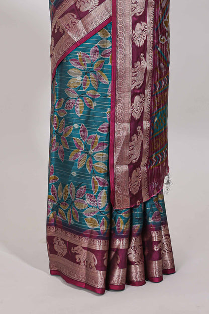 Green zari striped floral design dola silk saree with contrast zari border and printed blouse