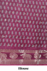 Green zari striped floral design dola silk saree with contrast zari border and printed blouse