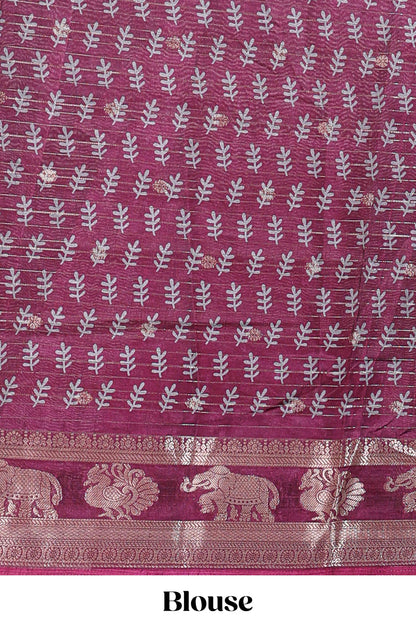 Green zari striped floral design dola silk saree with contrast zari border and printed blouse
