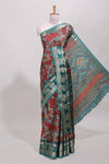Red zari striped floral design dola silk saree with contrast zari border and printed blouse