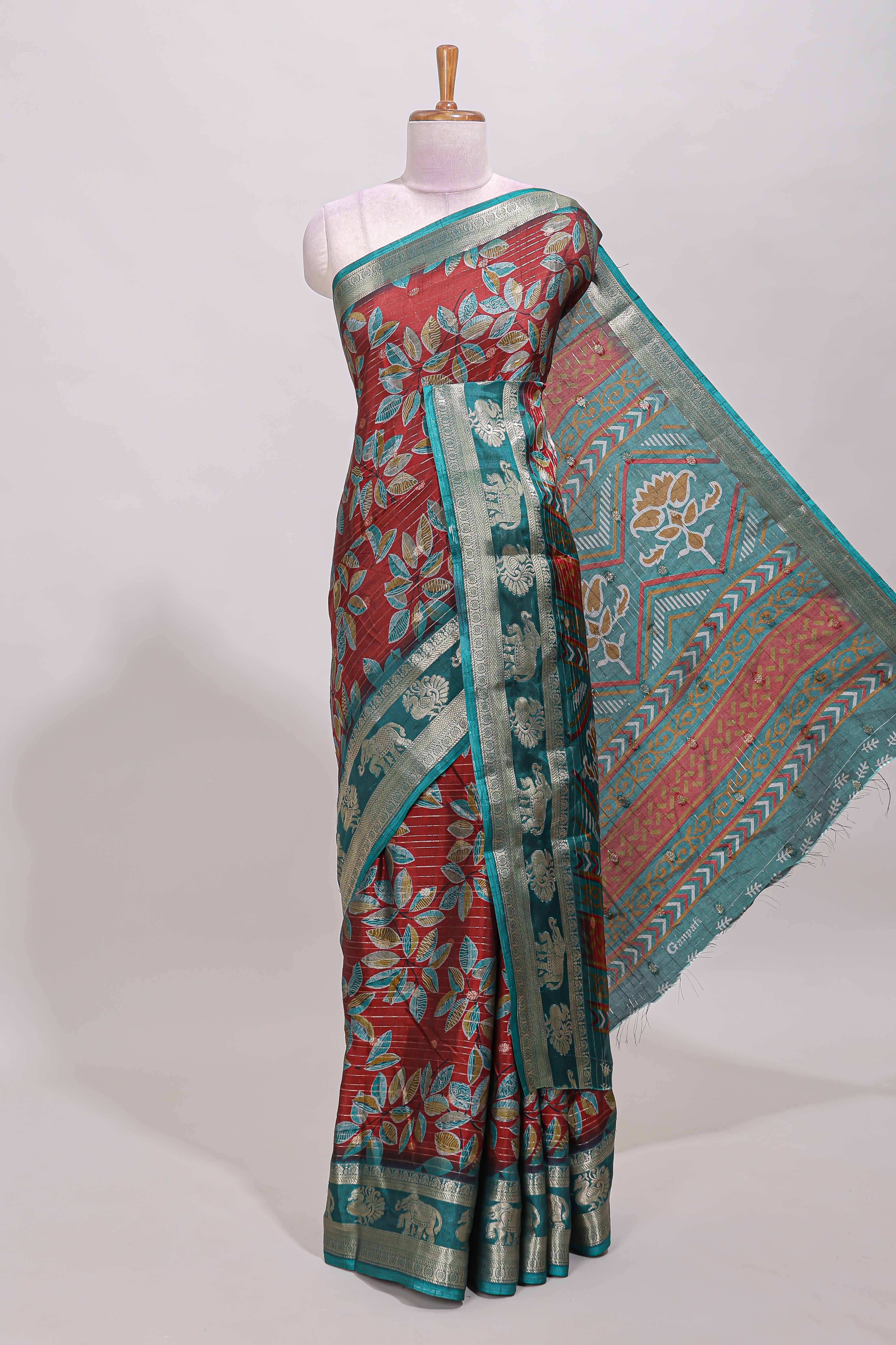 Red zari striped floral design dola silk saree with contrast zari border and printed blouse