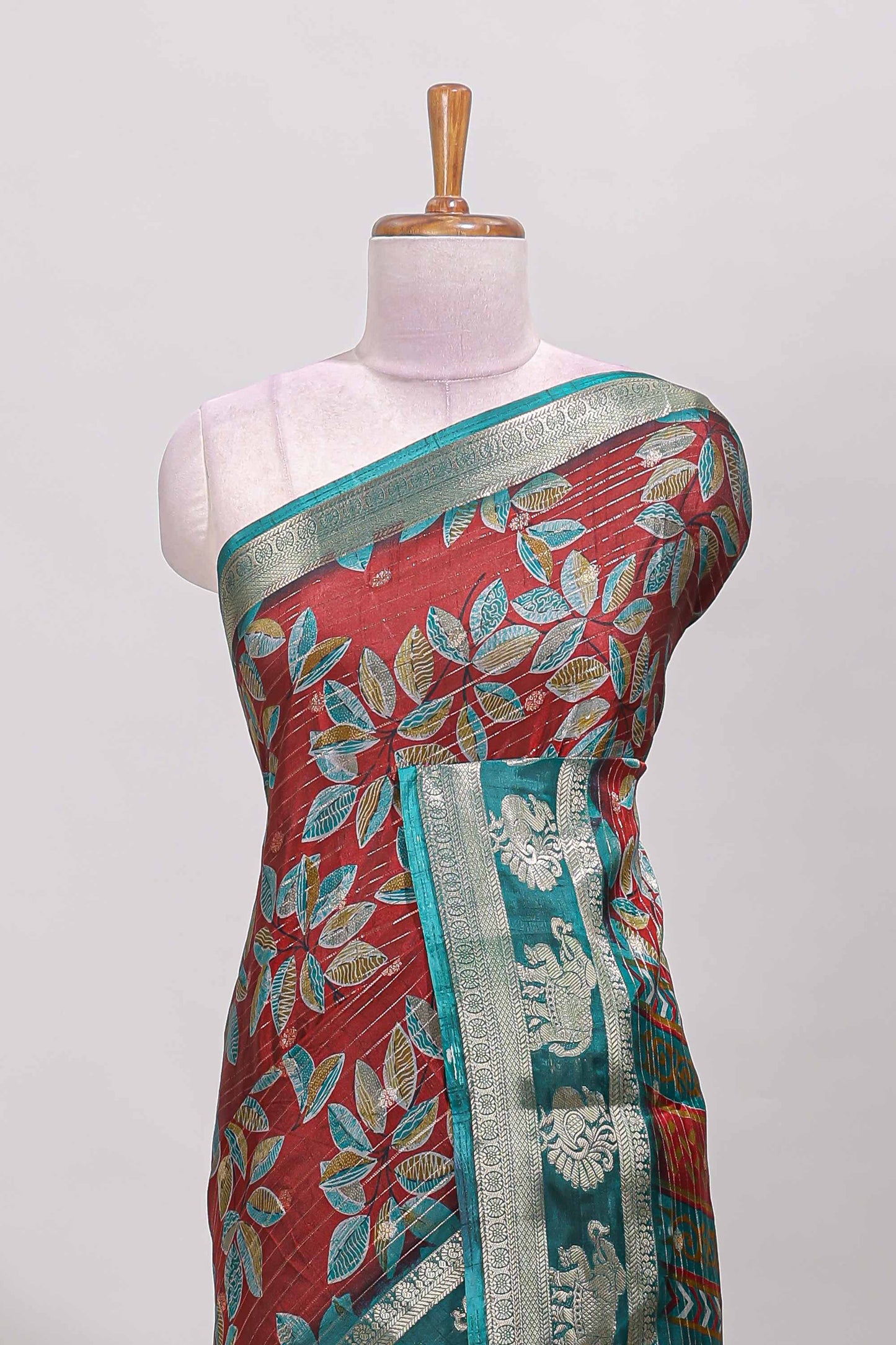 Red zari striped floral design dola silk saree with contrast zari border and printed blouse