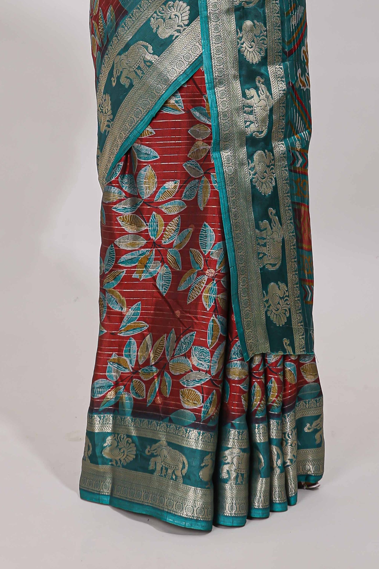 Red zari striped floral design dola silk saree with contrast zari border and printed blouse