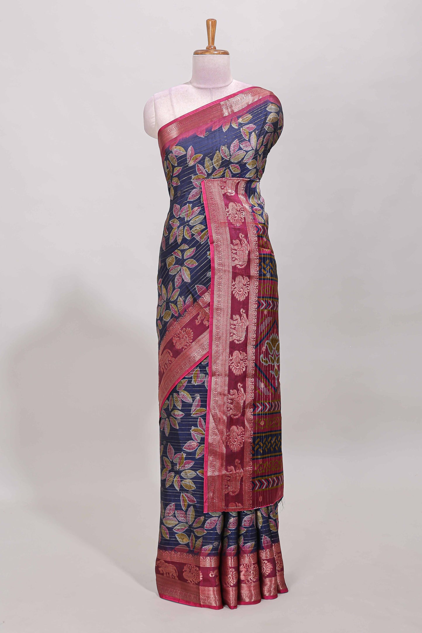 Blue zari striped floral design dola silk saree with contrast zari border and printed blouse