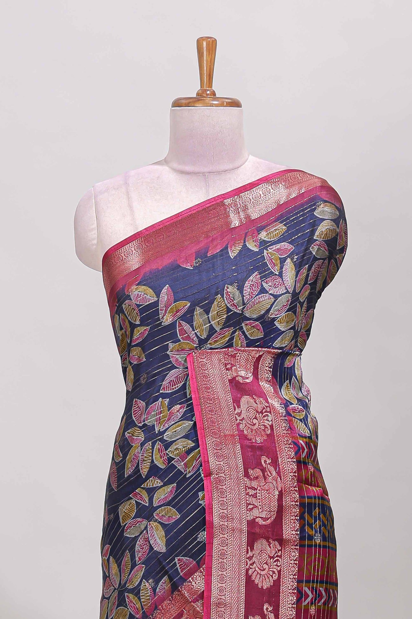 Blue zari striped floral design dola silk saree with contrast zari border and printed blouse
