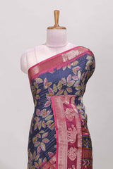 Blue zari striped floral design dola silk saree with contrast zari border and printed blouse