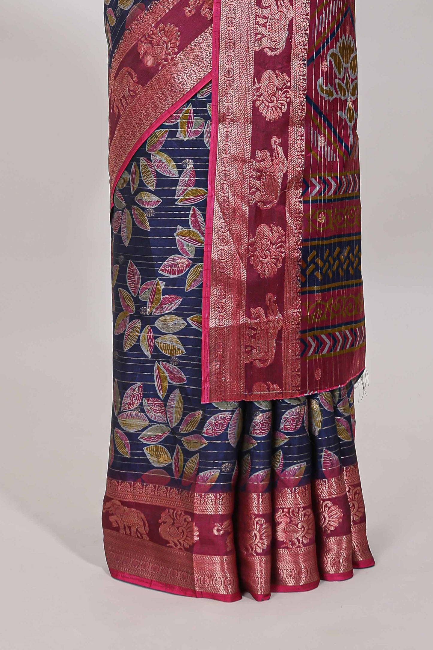 Blue zari striped floral design dola silk saree with contrast zari border and printed blouse
