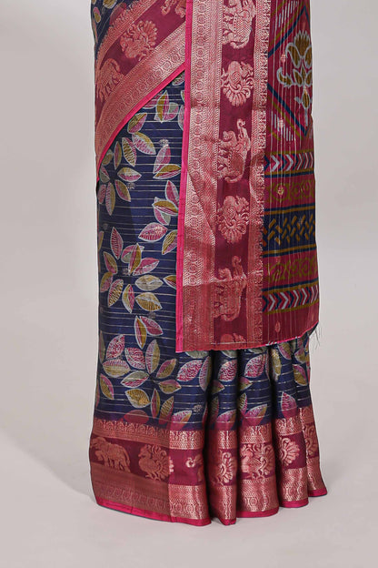 Blue zari striped floral design dola silk saree with contrast zari border and printed blouse