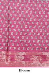 Blue zari striped floral design dola silk saree with contrast zari border and printed blouse