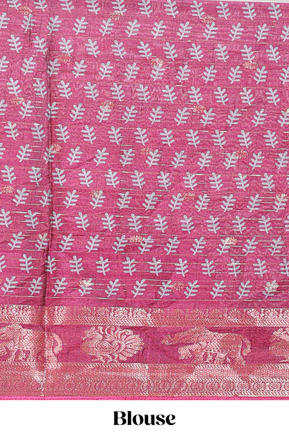 Blue zari striped floral design dola silk saree with contrast zari border and printed blouse