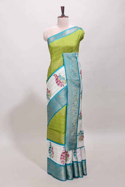 Green stripes dola silk saree with bottom peacock design, contrast zari border and printed pallu