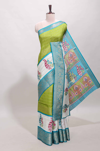 Green stripes dola silk saree with bottom peacock design, contrast zari border and printed pallu