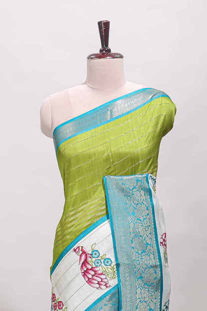 Green stripes dola silk saree with bottom peacock design, contrast zari border and printed pallu