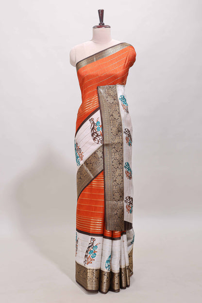Orange stripes dola silk saree with bottom peacock design, contrast zari border and printed pallu