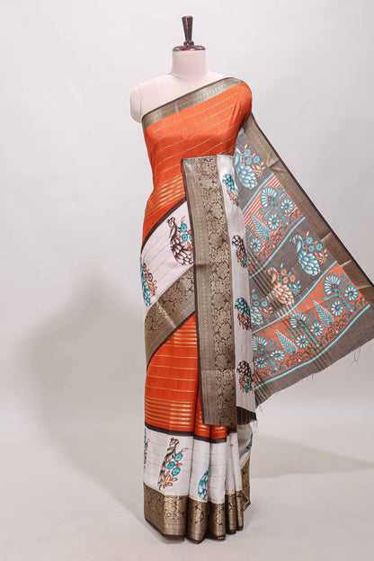 Orange stripes dola silk saree with bottom peacock design, contrast zari border and printed pallu