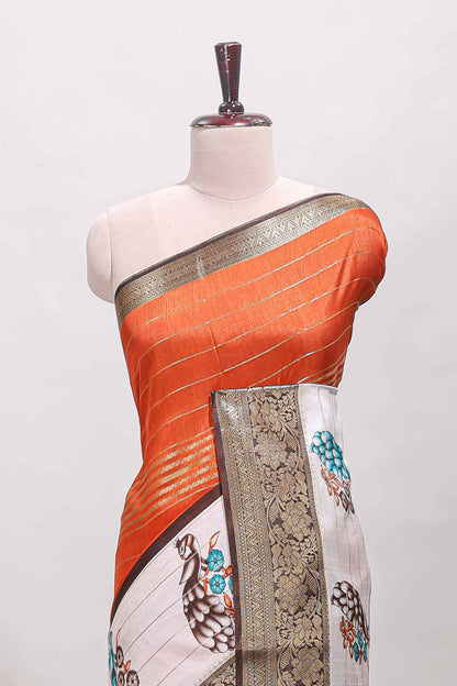 Orange stripes dola silk saree with bottom peacock design, contrast zari border and printed pallu