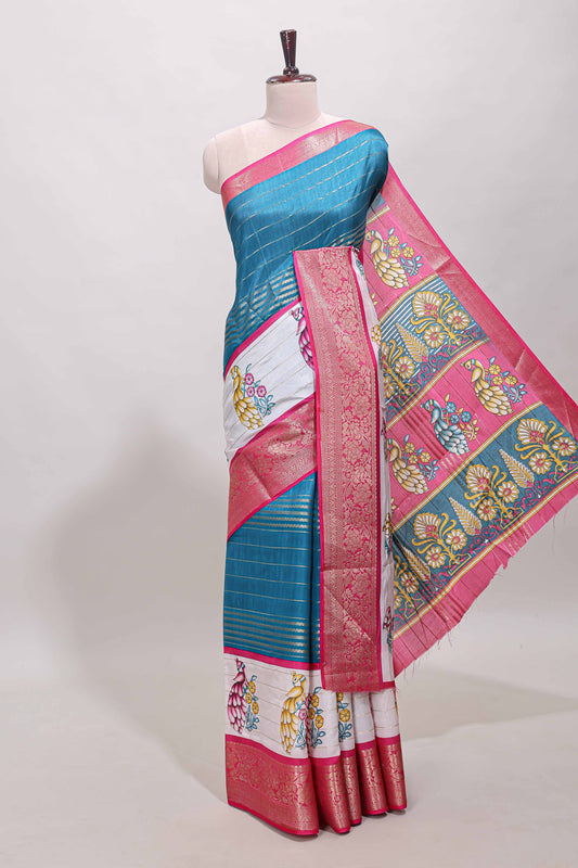 Blue stripes dola silk saree with bottom peacock design, contrast zari border and printed pallu