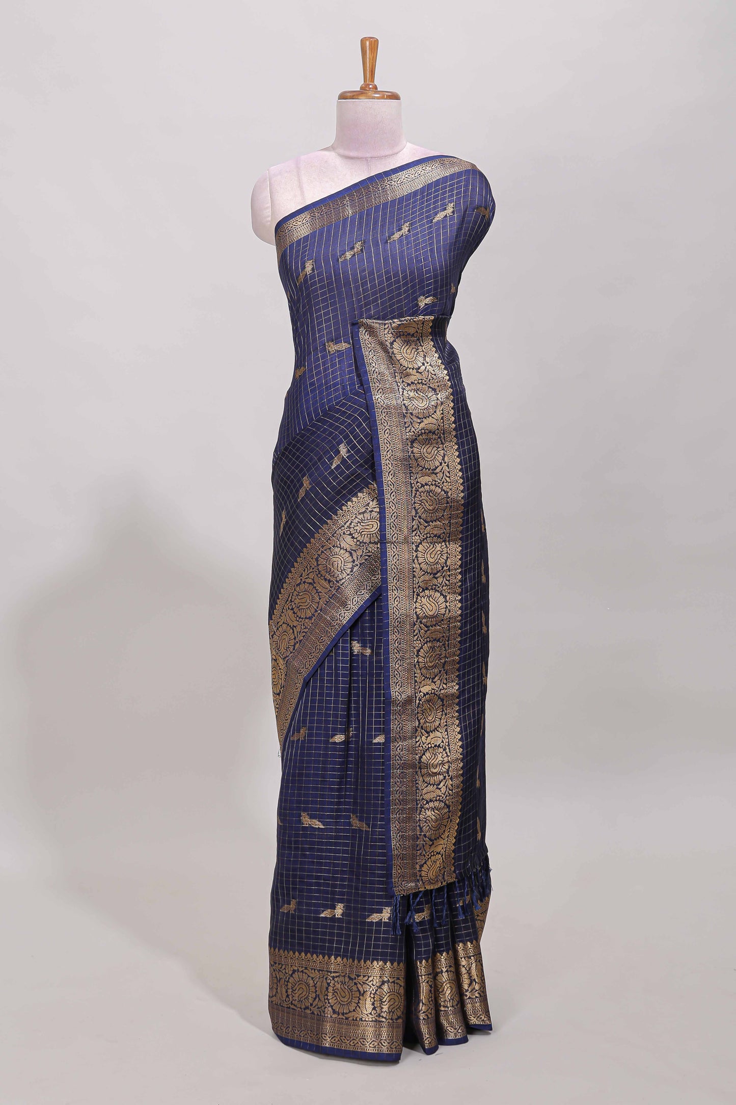 Blue checked peacock zari motifs dola silk saree with self zari border and matching blouse