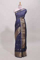 Blue checked peacock zari motifs dola silk saree with self zari border and matching blouse