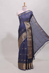 Blue checked peacock zari motifs dola silk saree with self zari border and matching blouse