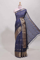 Blue checked peacock zari motifs dola silk saree with self zari border and matching blouse
