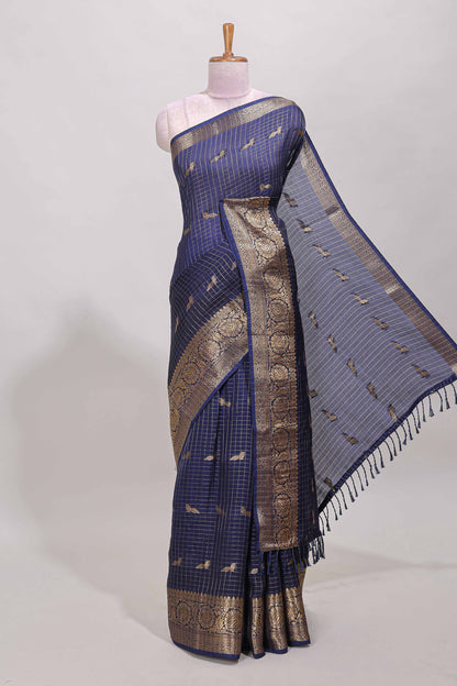 Blue checked peacock zari motifs dola silk saree with self zari border and matching blouse
