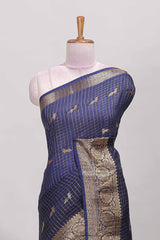 Blue checked peacock zari motifs dola silk saree with self zari border and matching blouse