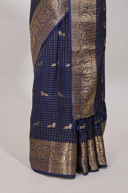 Blue checked peacock zari motifs dola silk saree with self zari border and matching blouse