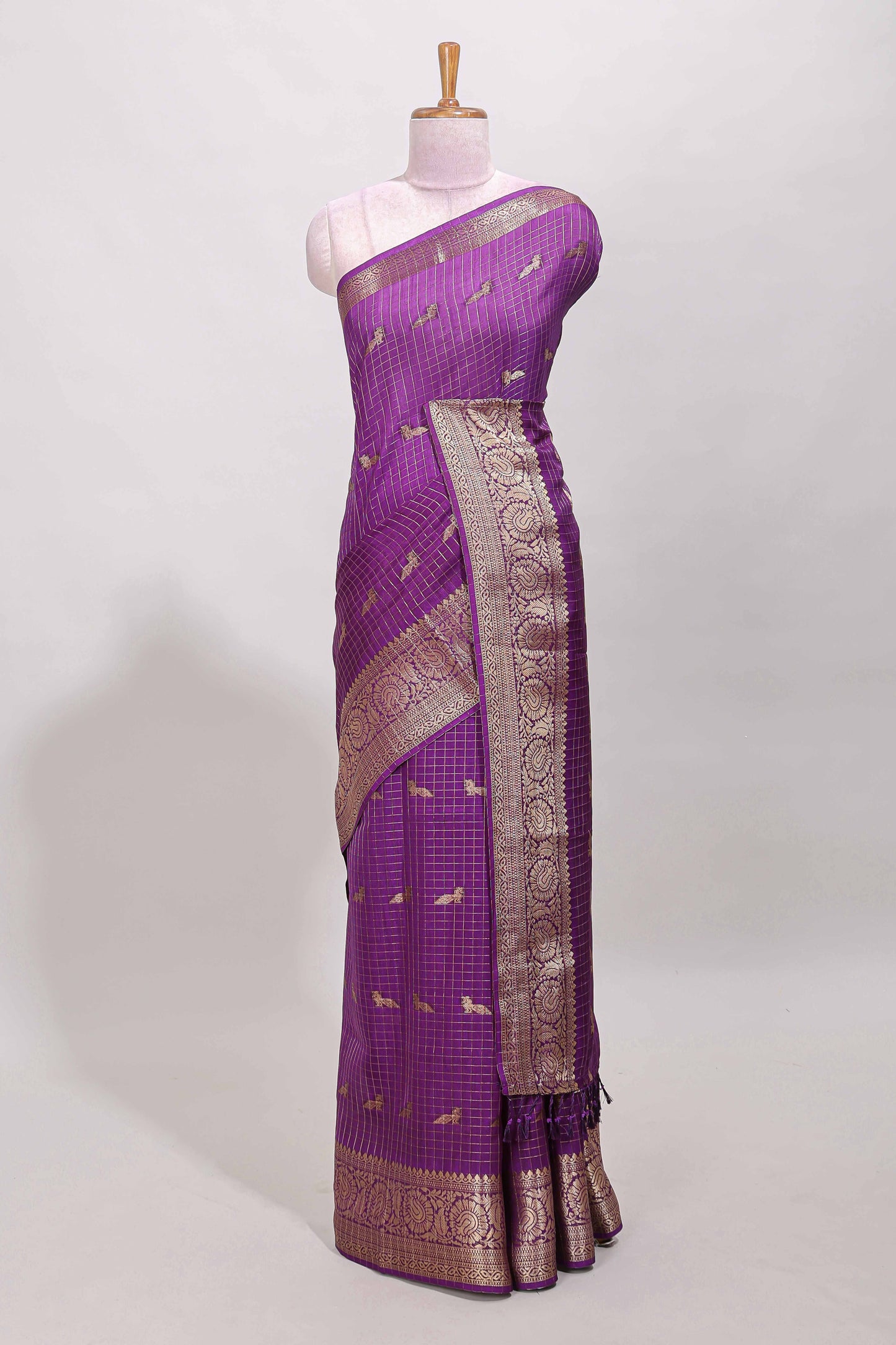 Purple checked peacock zari motifs dola silk saree with self zari border and matching blouse